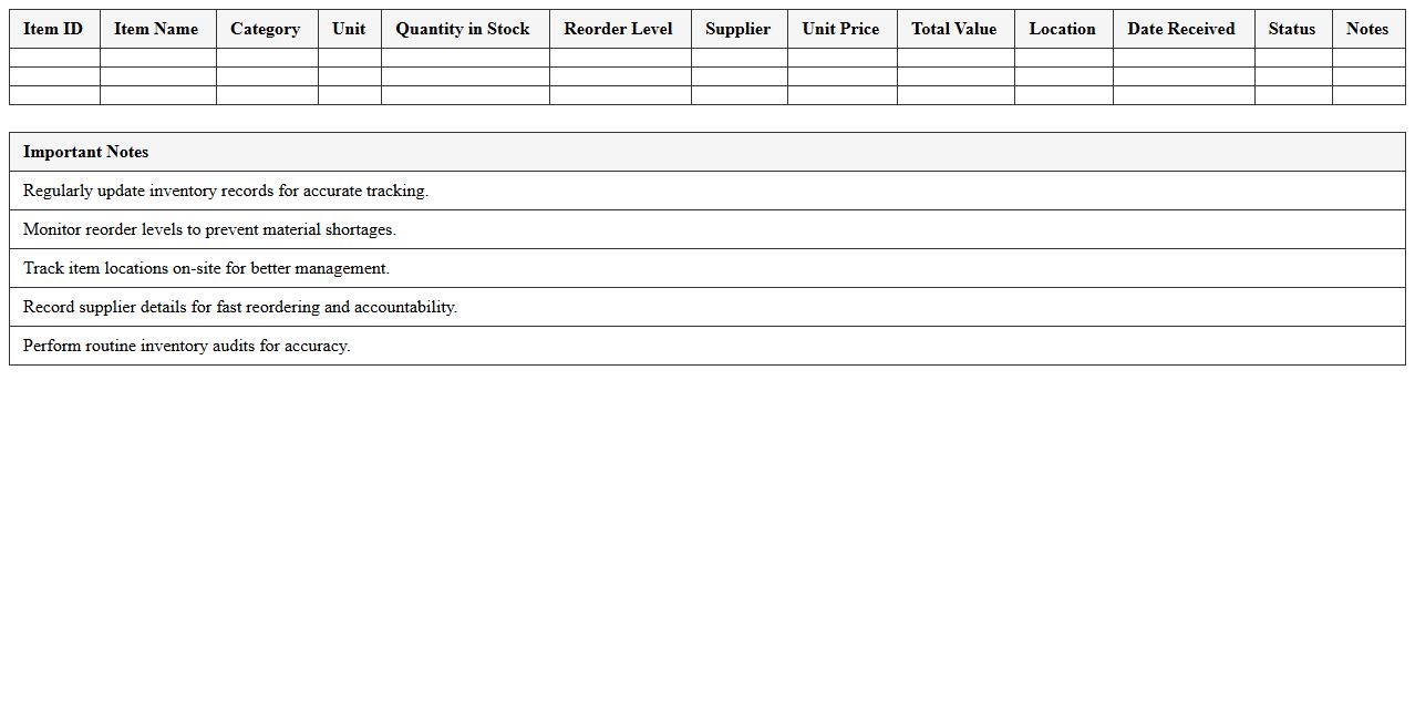 Construction Inventory Management Excel Worksheet