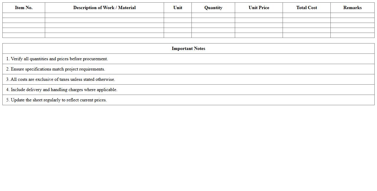 Construction Procurement Cost Estimation Sheet