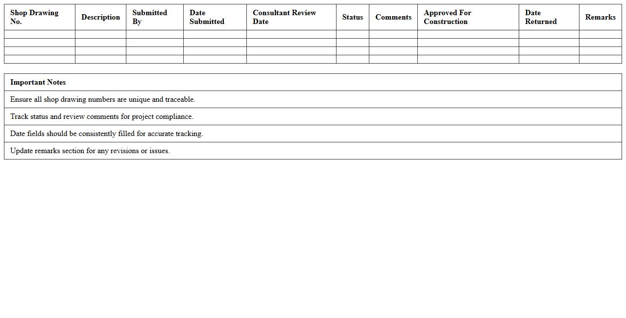 Construction Shop Drawing Log Excel Template