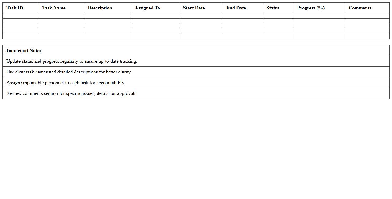 Construction Task Progress Tracking Spreadsheet