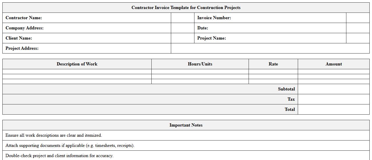 Contractor Invoice Template for Construction Projects