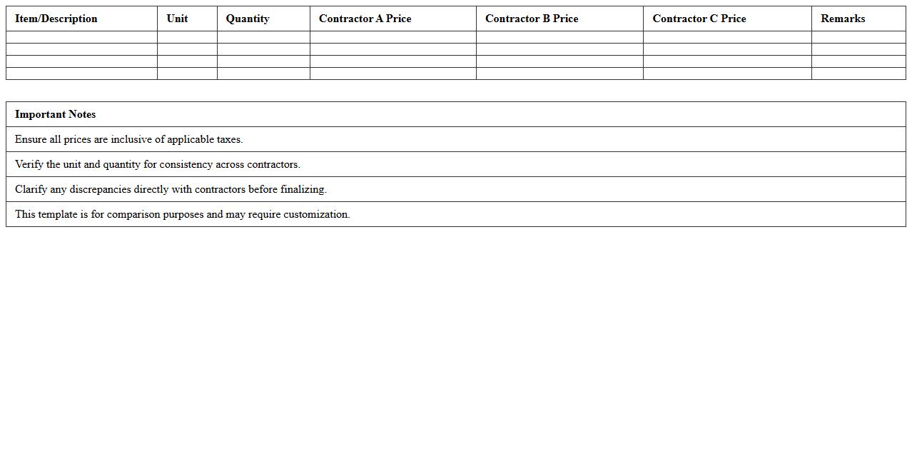 Contractor Price Comparison Excel Template