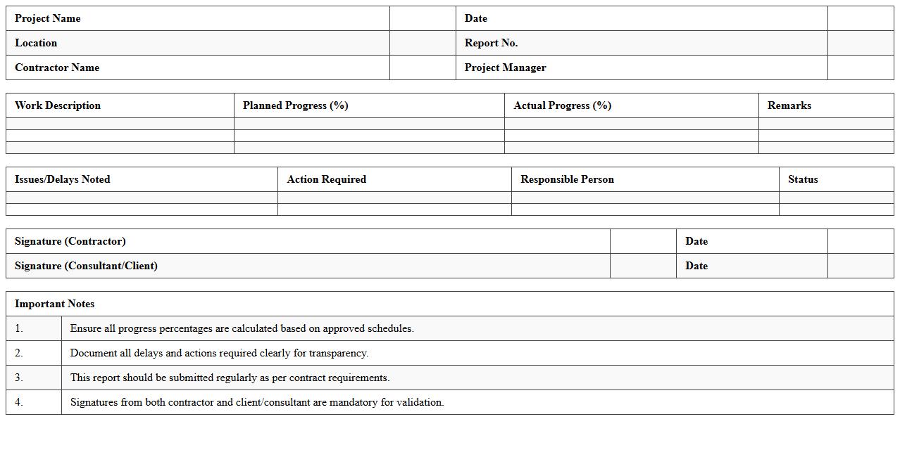 Contractor Site Progress Report Excel Template