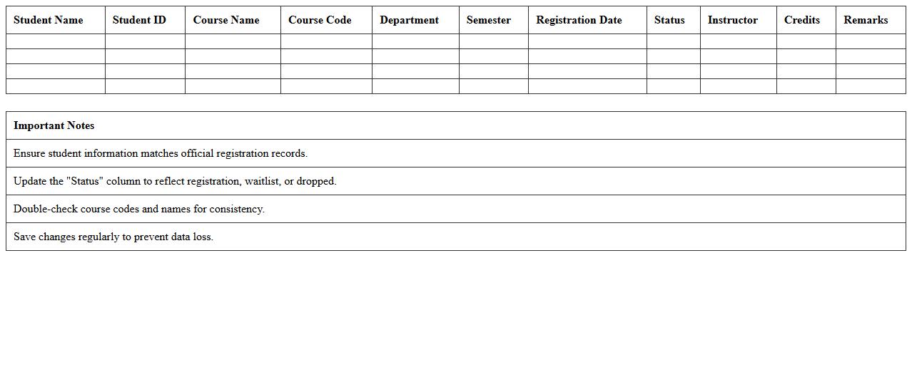 Course Registration Tracking Excel Template