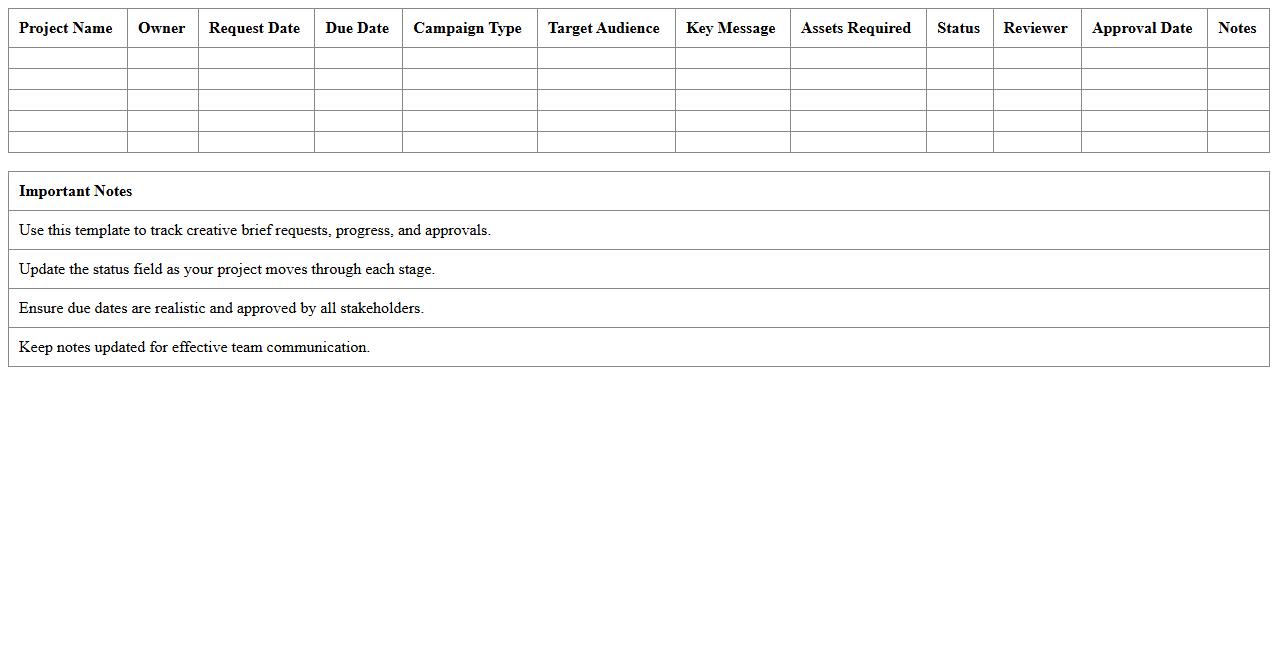 Creative Brief Workflow Tracker Excel Template for Marketing Teams