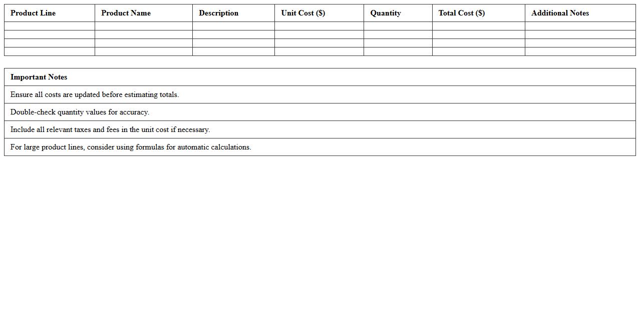Custom Product Line Cost Estimator Spreadsheet