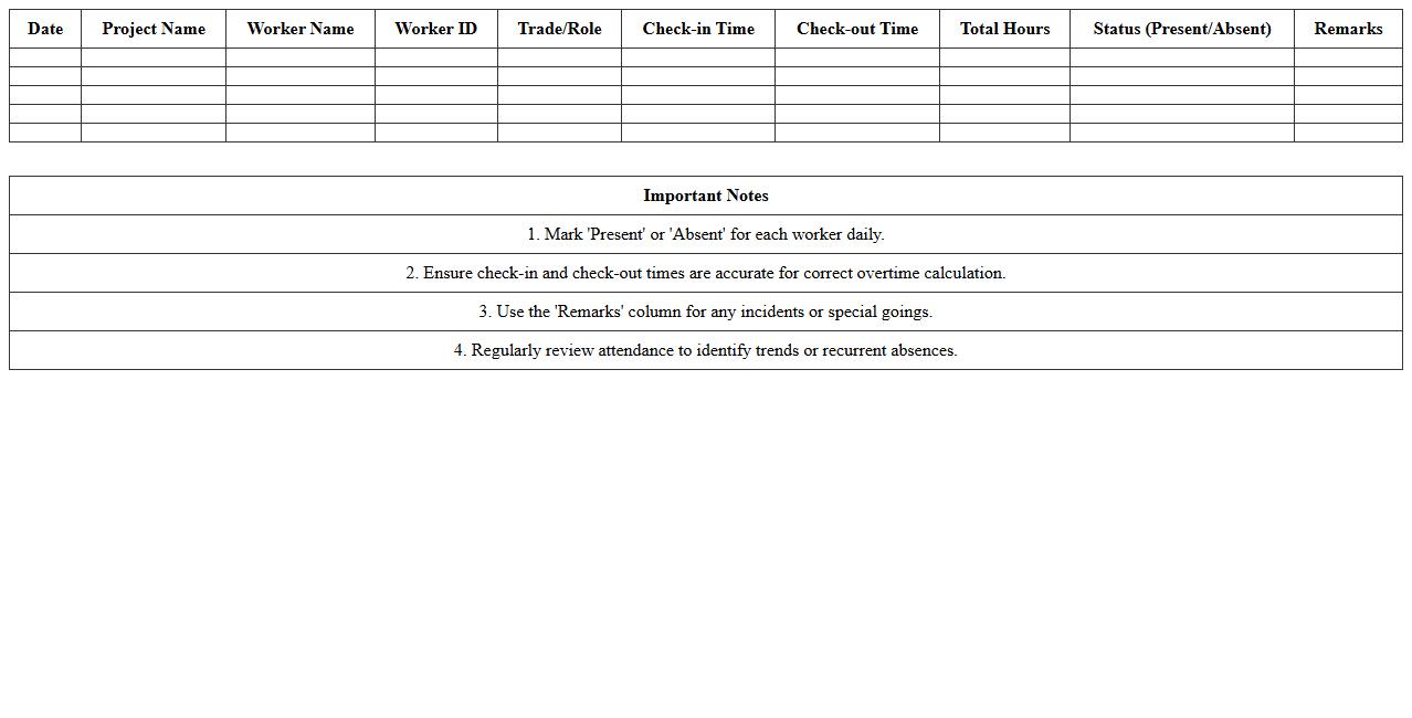 Daily Construction Worker Attendance Excel Sheet