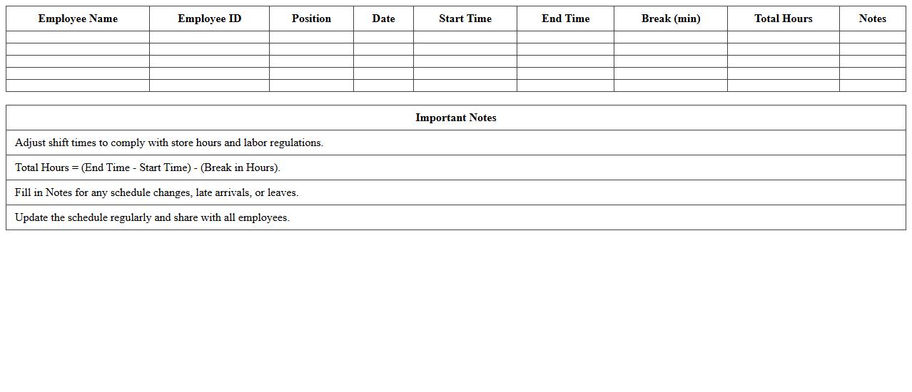 Daily Employee Work Schedule Excel Template for Stores