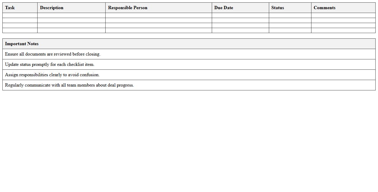 Deal Closing Checklist Excel Sheet