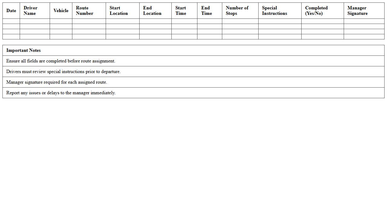 Delivery Driver Route Assignment Sheet