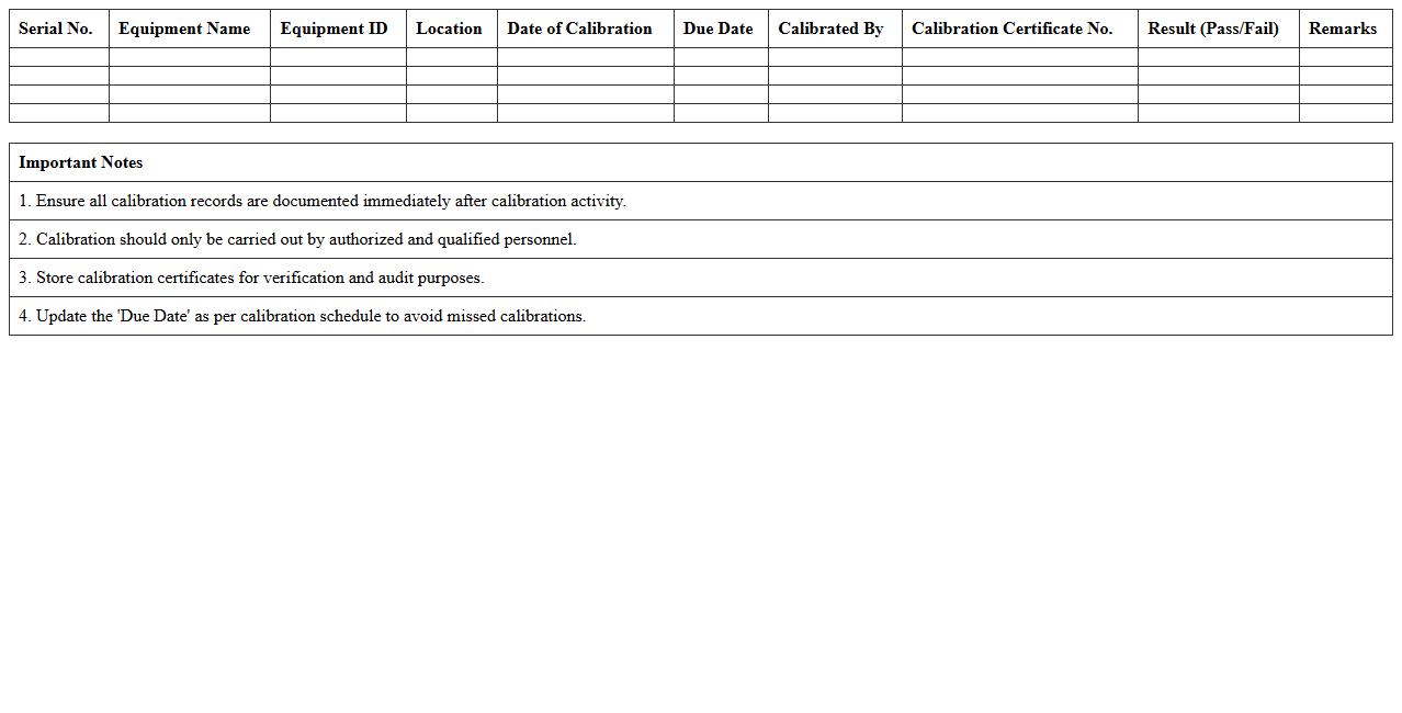 Equipment Calibration Record Excel Log for QC