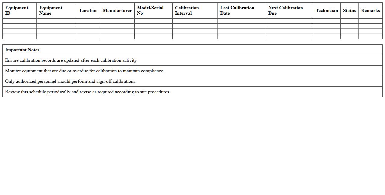 Equipment Calibration Schedule Excel Template for Plant Maintenance