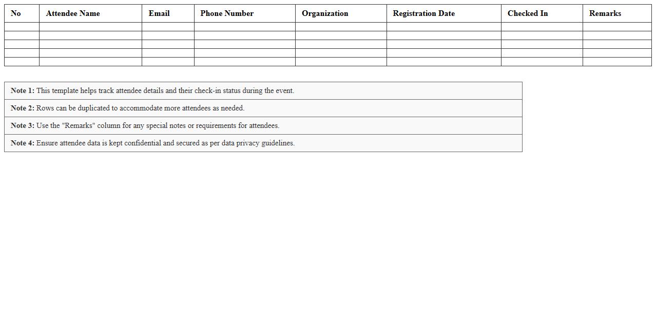 Event Attendee Registration Sheet Excel Template