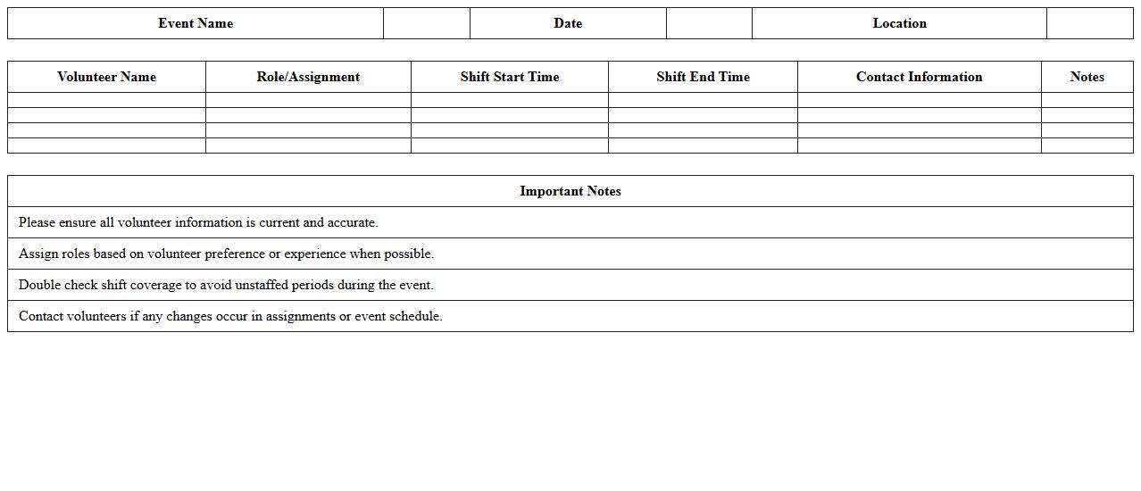 Event Volunteer Assignment Sheet for Nonprofits