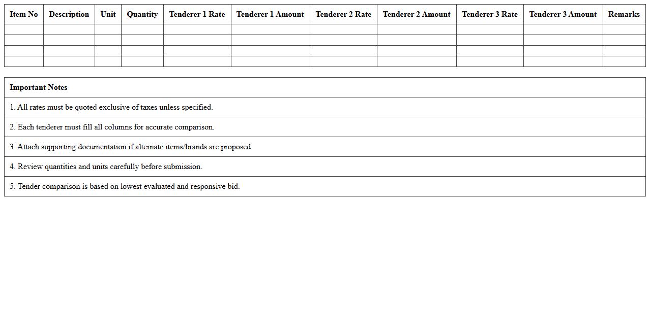 Excel Template for Construction Tender Comparison