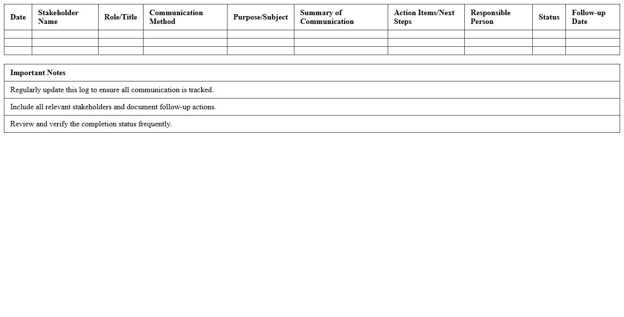 Expansion Project Stakeholder Communication Log Excel Template