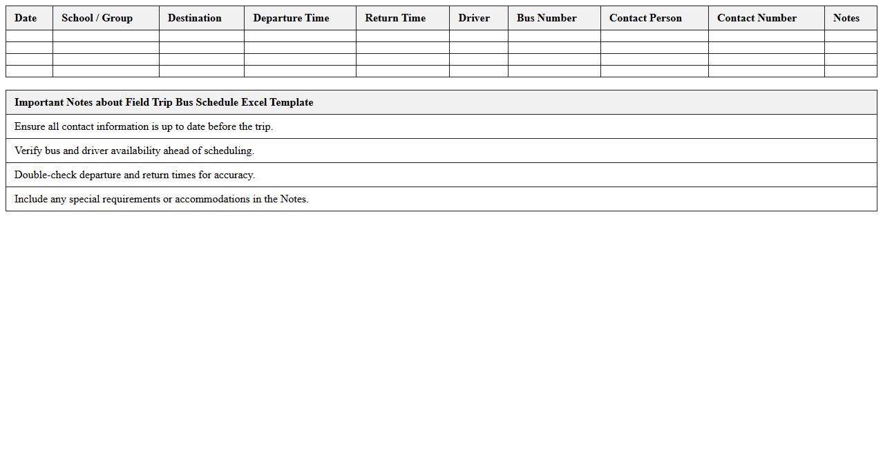 Field Trip Bus Schedule Excel Template