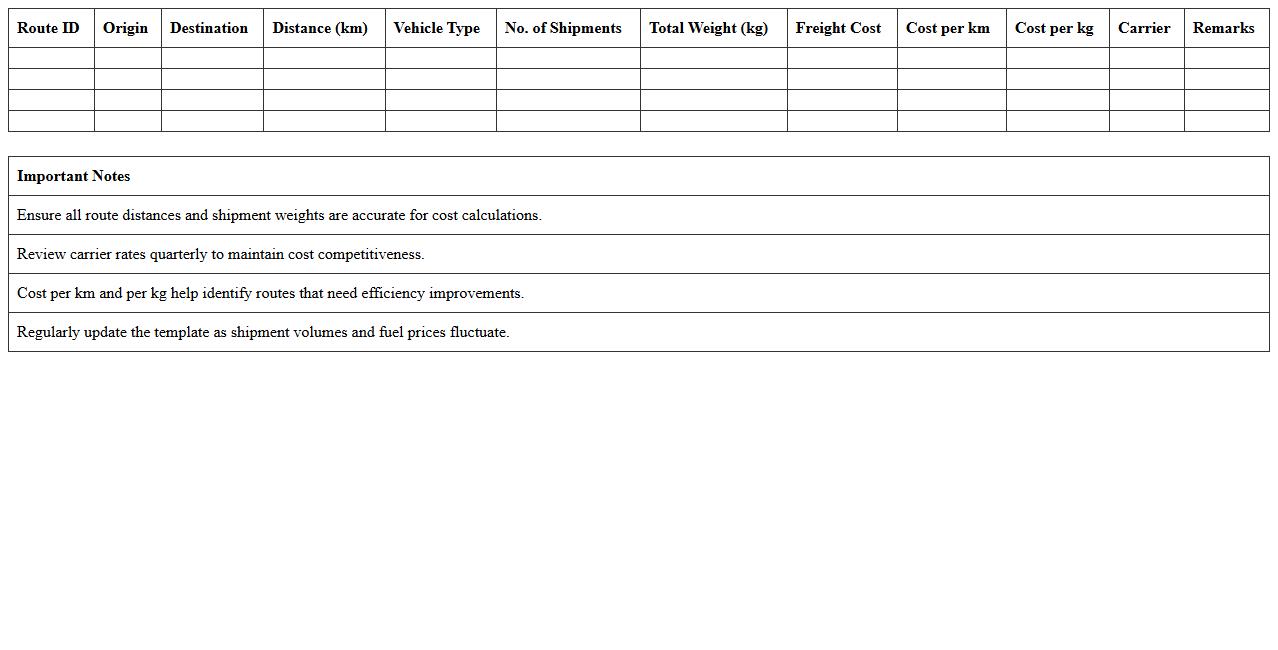 Freight Cost per Route Analysis Excel Sheet