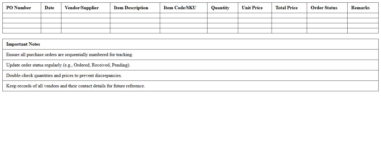 Grocery Retail Purchase Order Log Excel Template