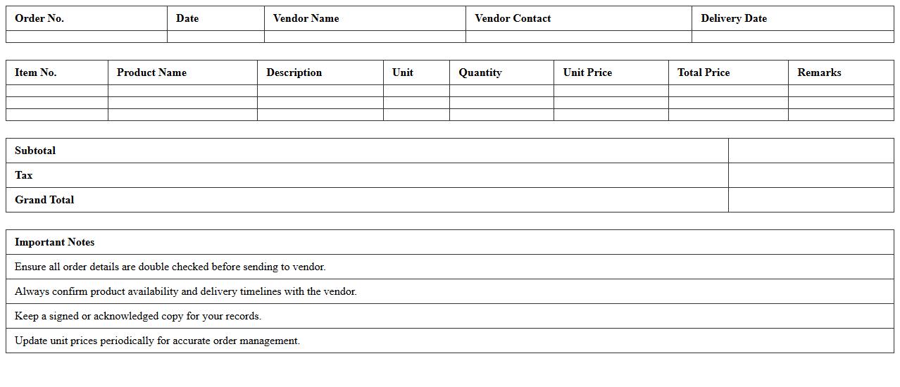 Grocery Store Purchase Order Excel Template for Vendors