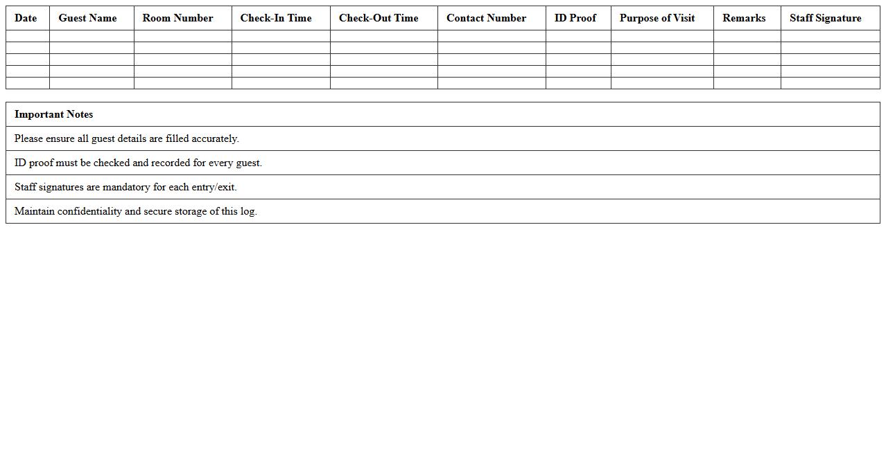 Hostel Guest Check-In/Check-Out Log Excel