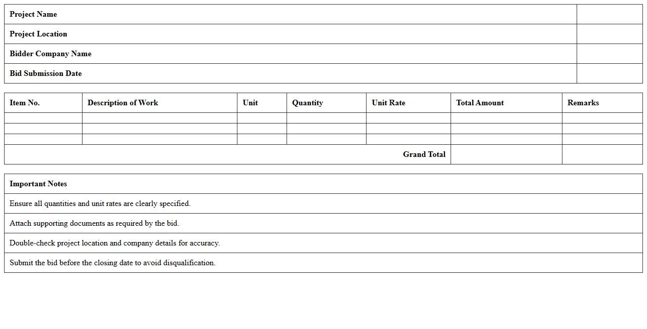 Infrastructure Project Bid Form Excel Template