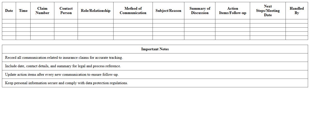 Insurance Claim Communications Log Excel Sheet