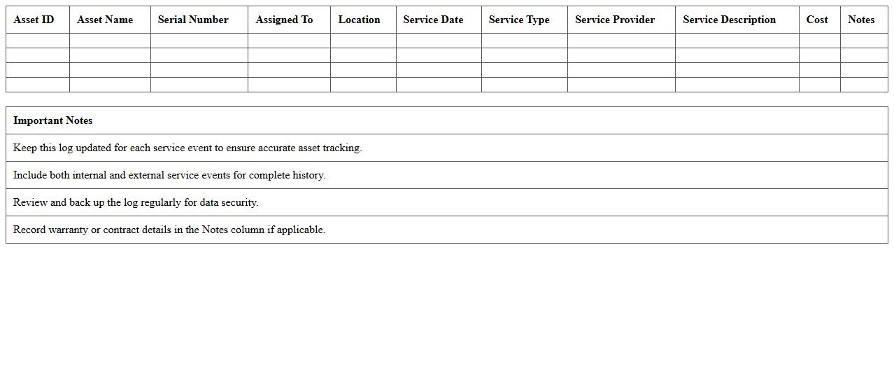 IT Asset Service History Log Excel Template