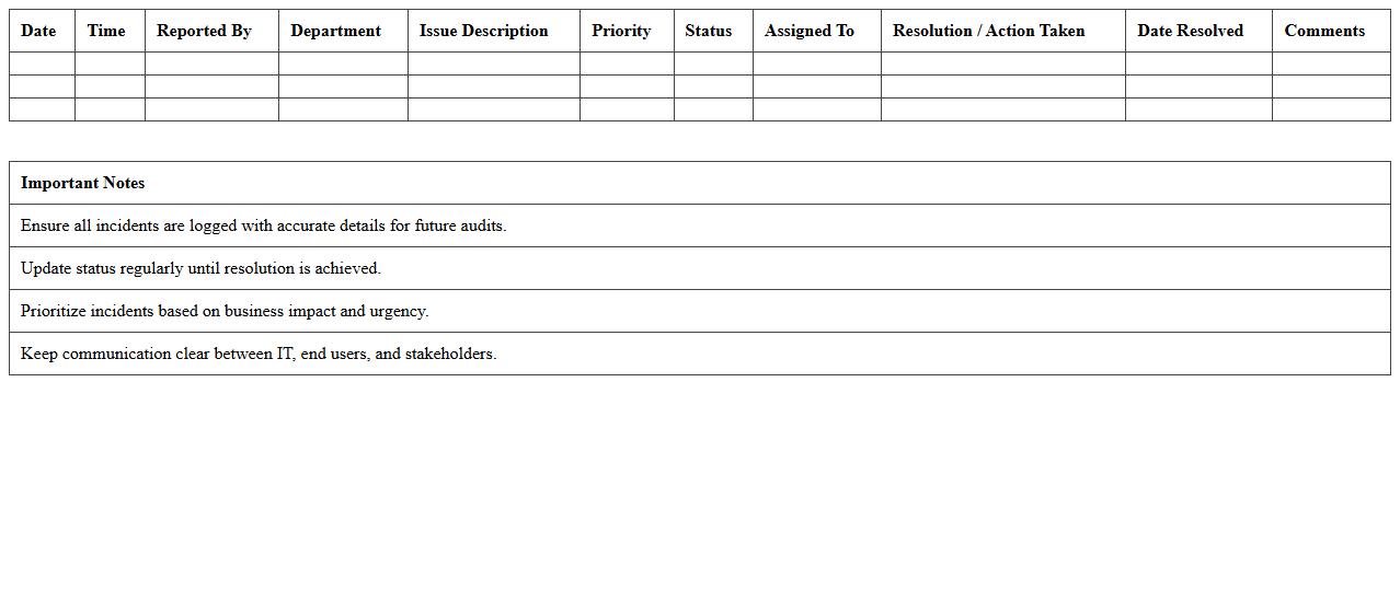 IT Incident and Support Log Excel