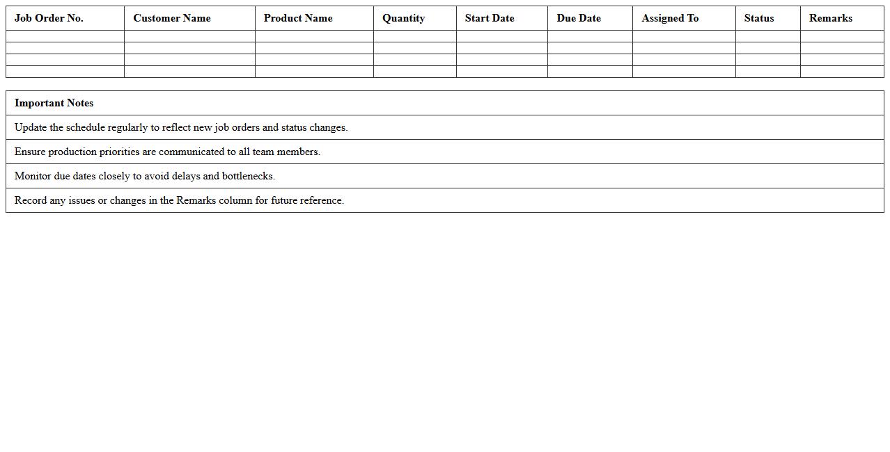 Job Order Production Scheduling Excel Sheet