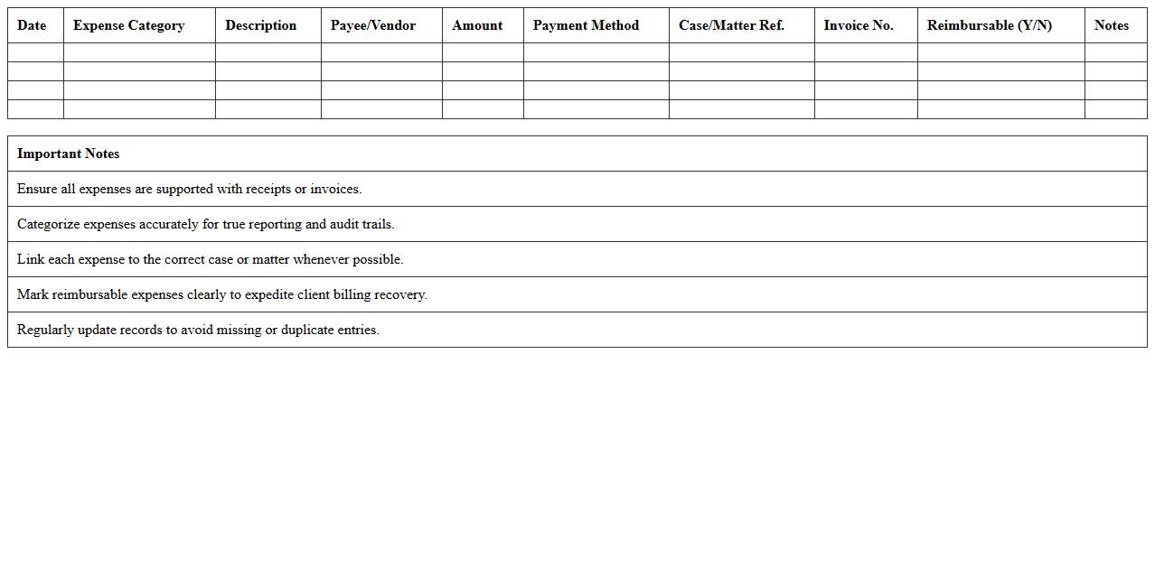 Law Office Legal Expense Recording Sheet