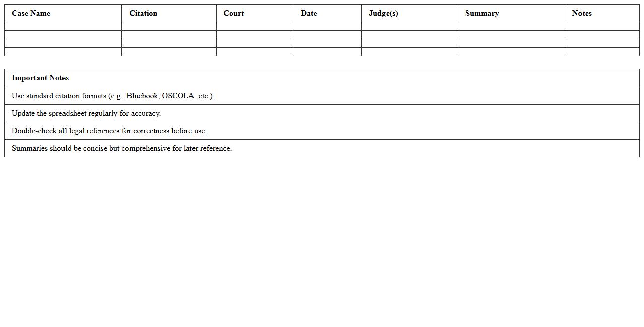 Legal Citations Reference Excel Spreadsheet Template