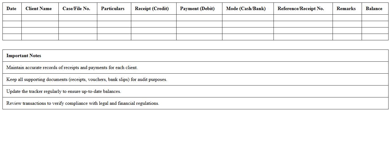 Legal Client Receipts and Payments Tracker Sheet