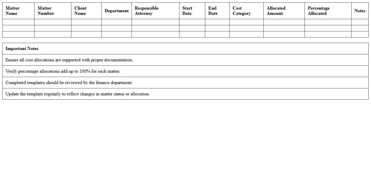 Legal Matter Cost Allocation Template