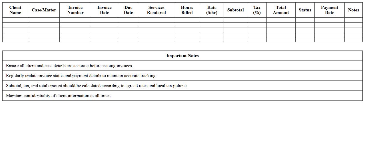Legal Practice Client Invoice Tracker Spreadsheet