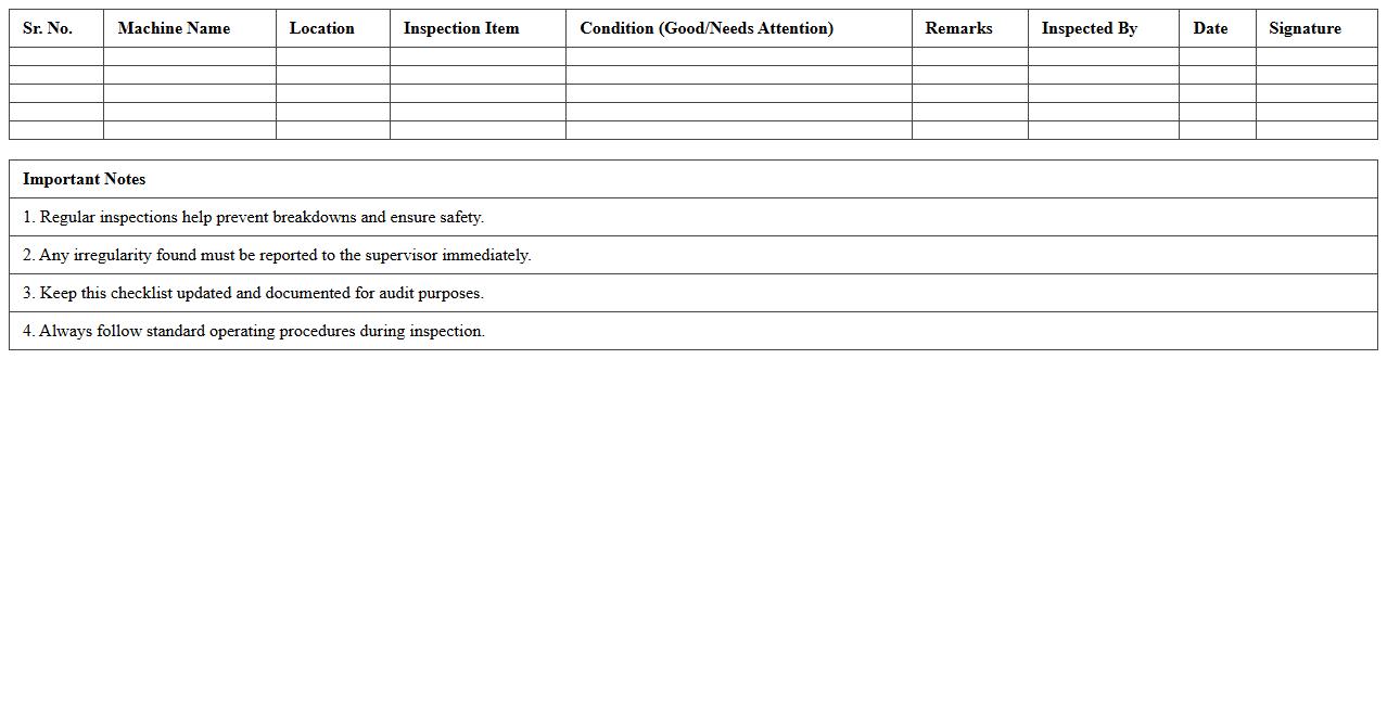 Machine Inspection Checklist Excel Template for Manufacturing Plants