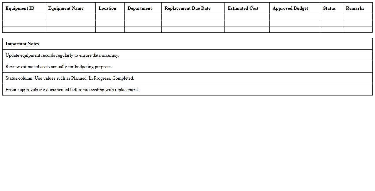 Maintenance Equipment Replacement CAPEX Tracker Excel