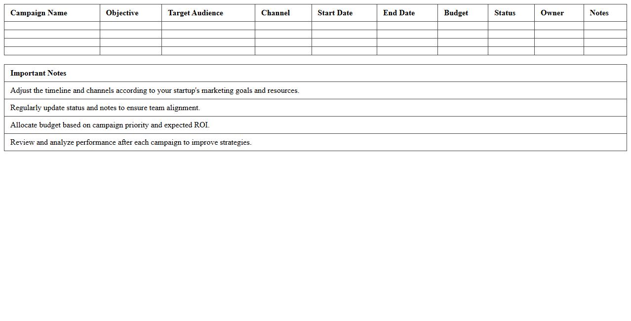 Marketing Campaign Timeline Excel Template for Startups