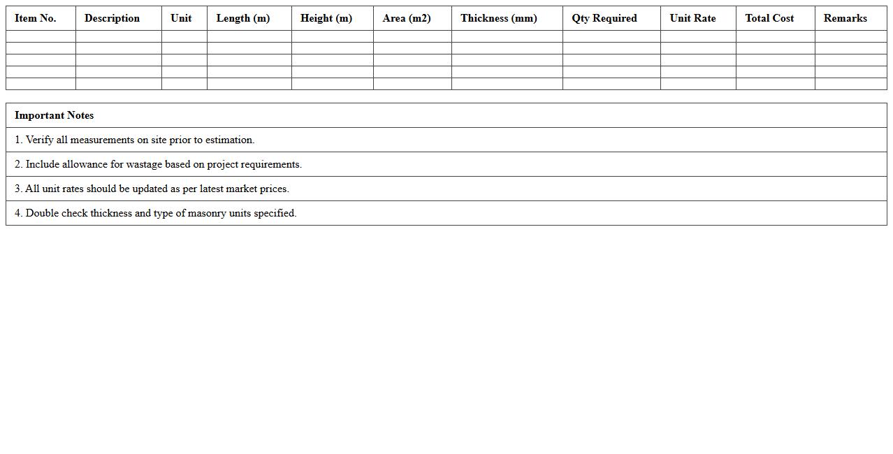 Masonry Block and Brick Material Estimation Sheet