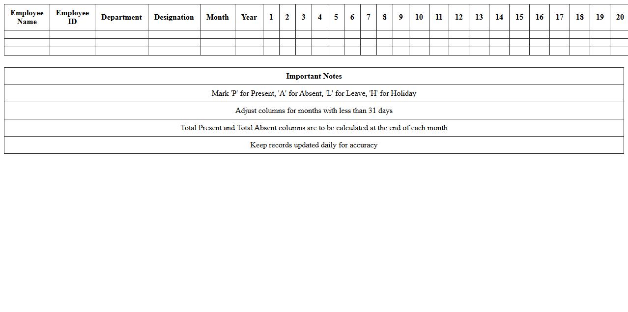 Monthly Staff Attendance Sheet Excel Template
