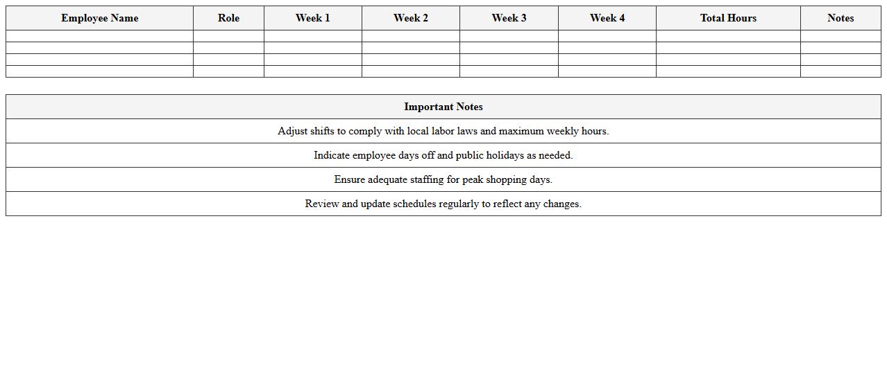Monthly Staff Scheduling Excel Sheet for Retail Chains