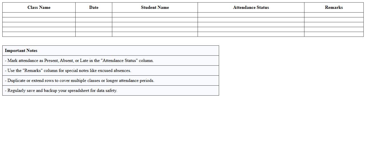 Multi-Class Attendance Tracker Spreadsheet