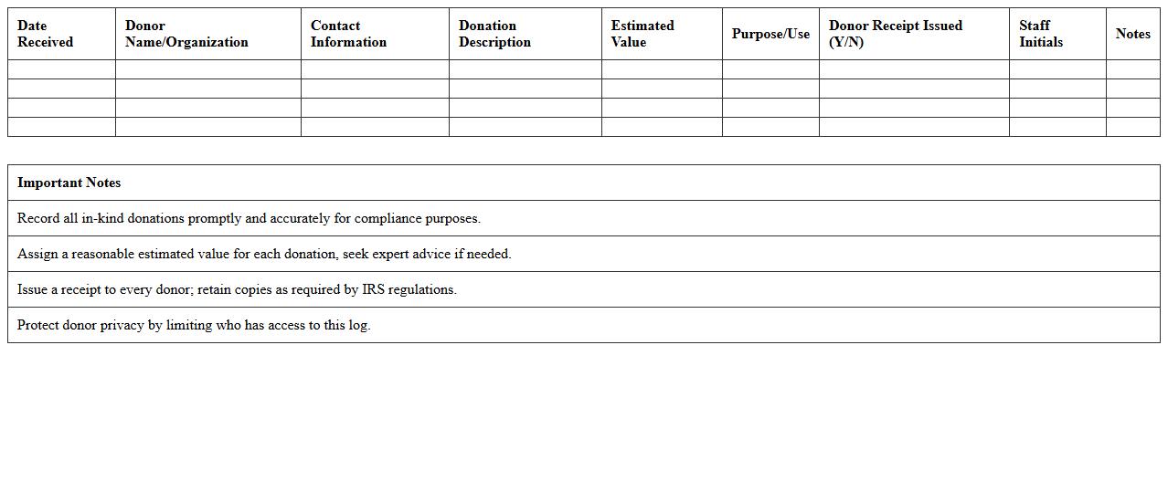 Nonprofit In-Kind Donation Tracking Log Excel