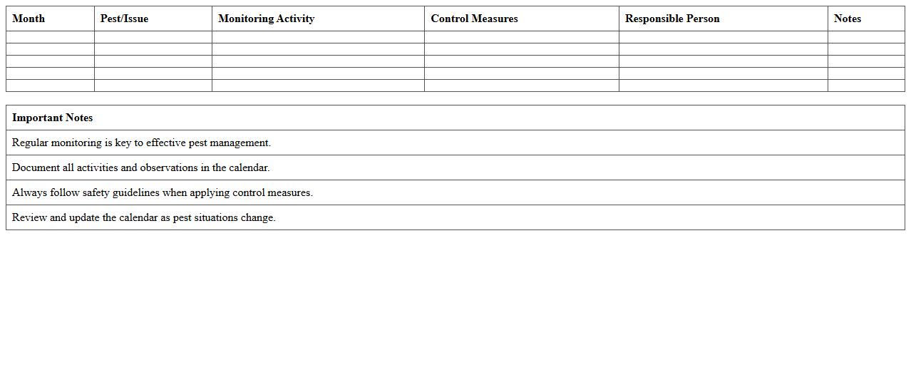 Pest Management Activity Calendar Excel