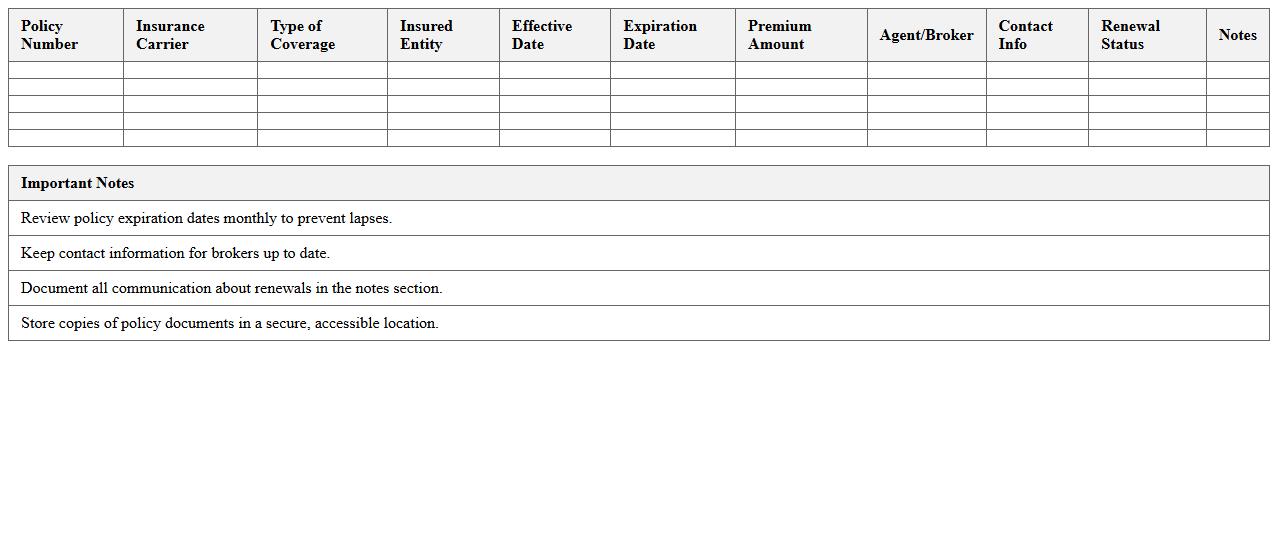 Policy Expiration Tracking Log for Nonprofit Insurance - Excel Template