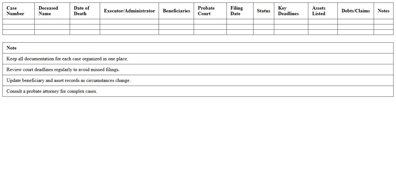 Probate and Estate Case Log Excel Template
