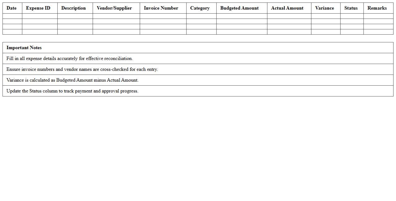 Project Expense Reconciliation Excel Sheet for Construction