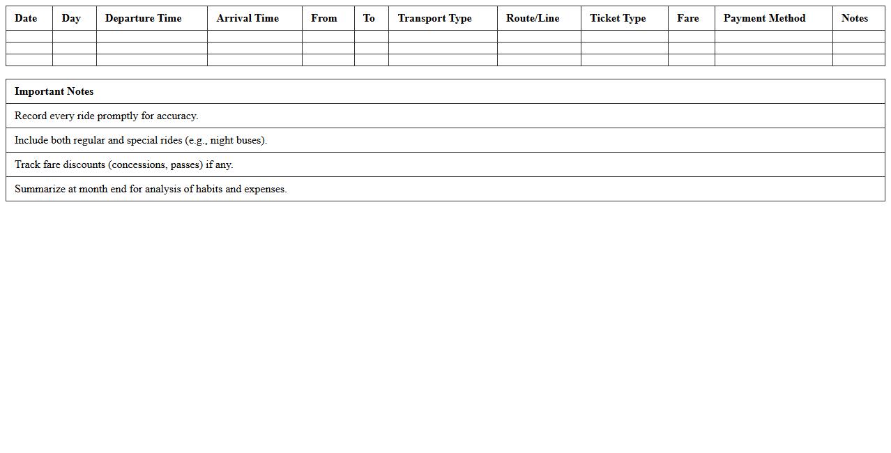 Public Transport Ride Daily Log Excel