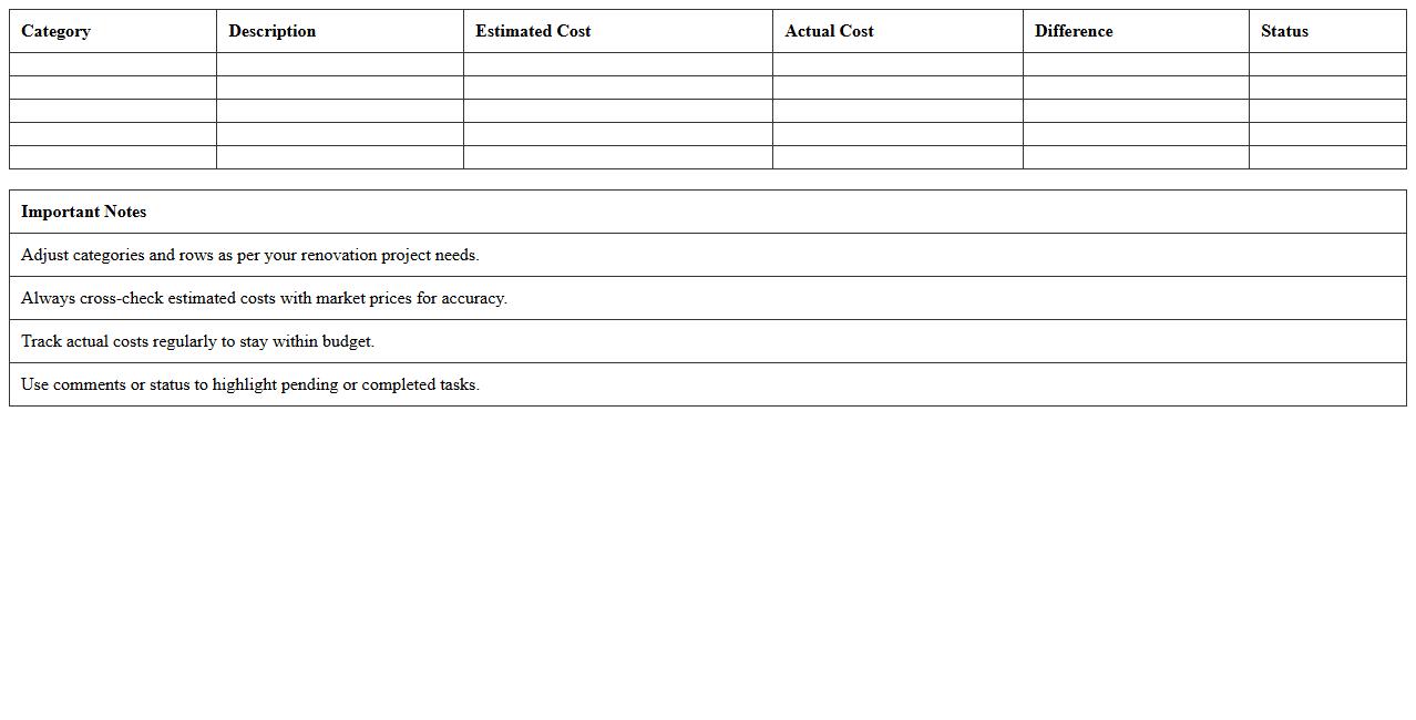 Renovation Cost Estimator Excel Template