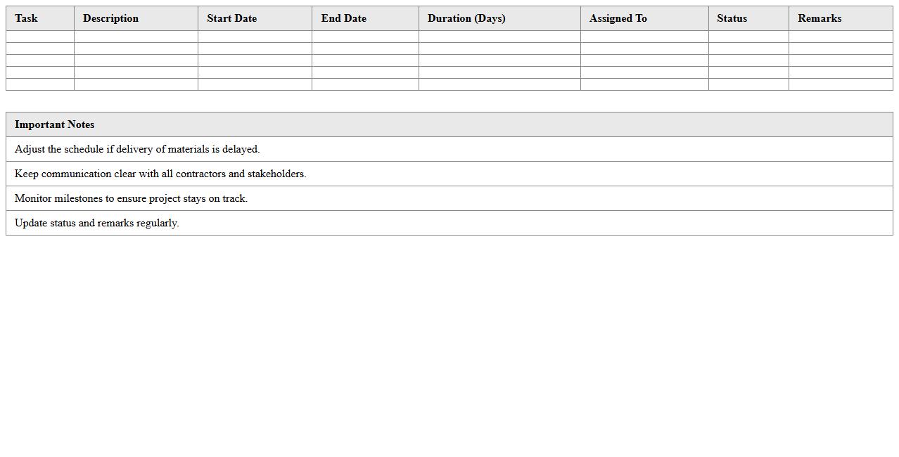 Renovation Project Planning Schedule Sheet